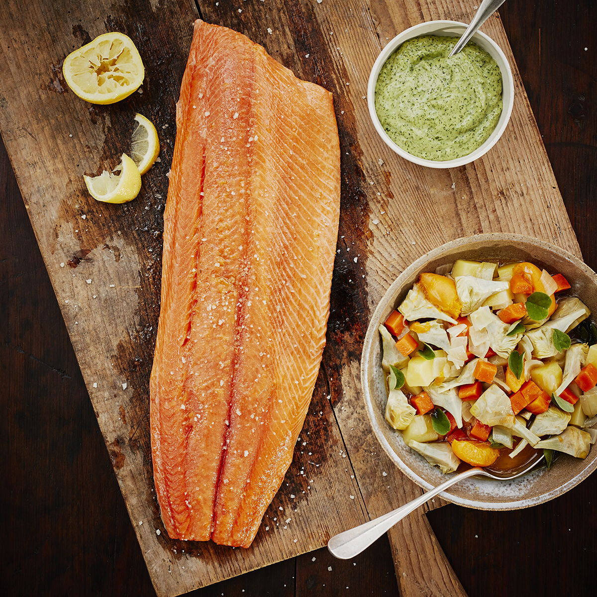 Roasted Salmon with Artichoke Barigoule & Sorrel Aioli