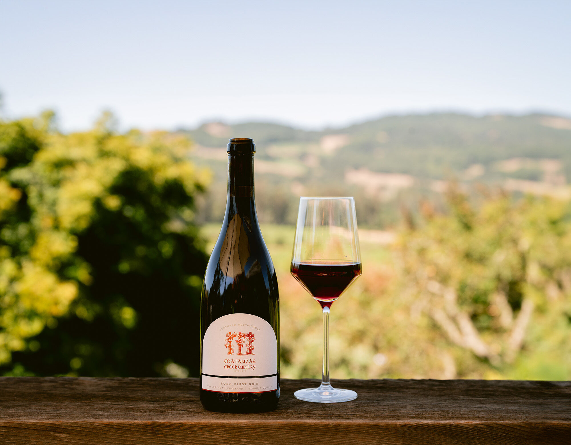 A bottle and glass of red wine with hills in the background