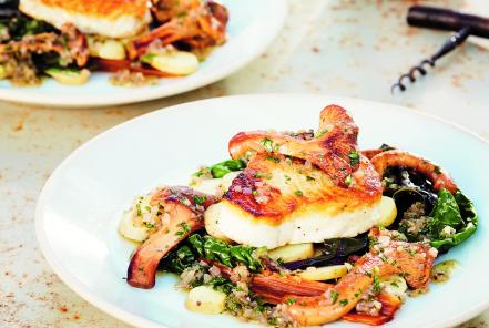 Pan-Seared White Fish with Chanterelle Vinaigrette, Fingerlings & Chard